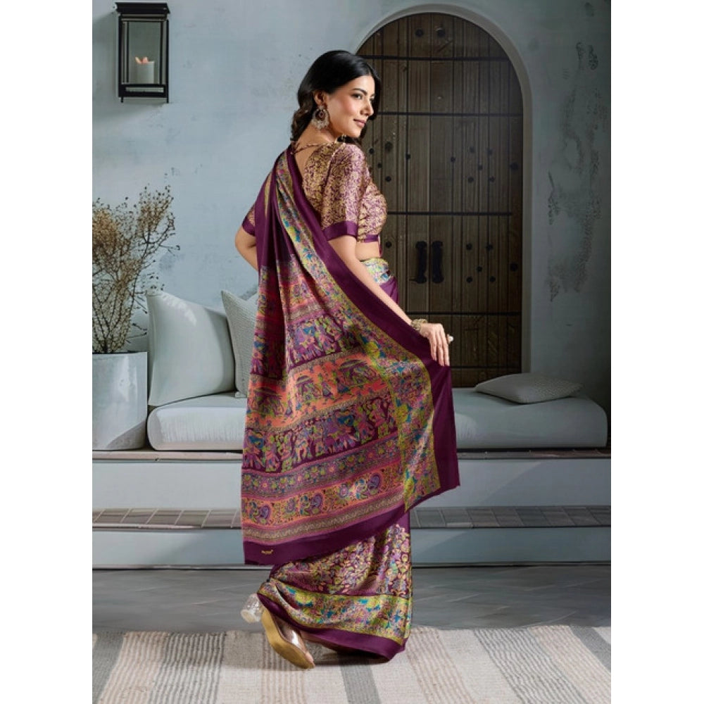 Amfyn Women's Satin Crepe Printed Saree With Unstitched Blouse 5.5Mtr (Purple)
