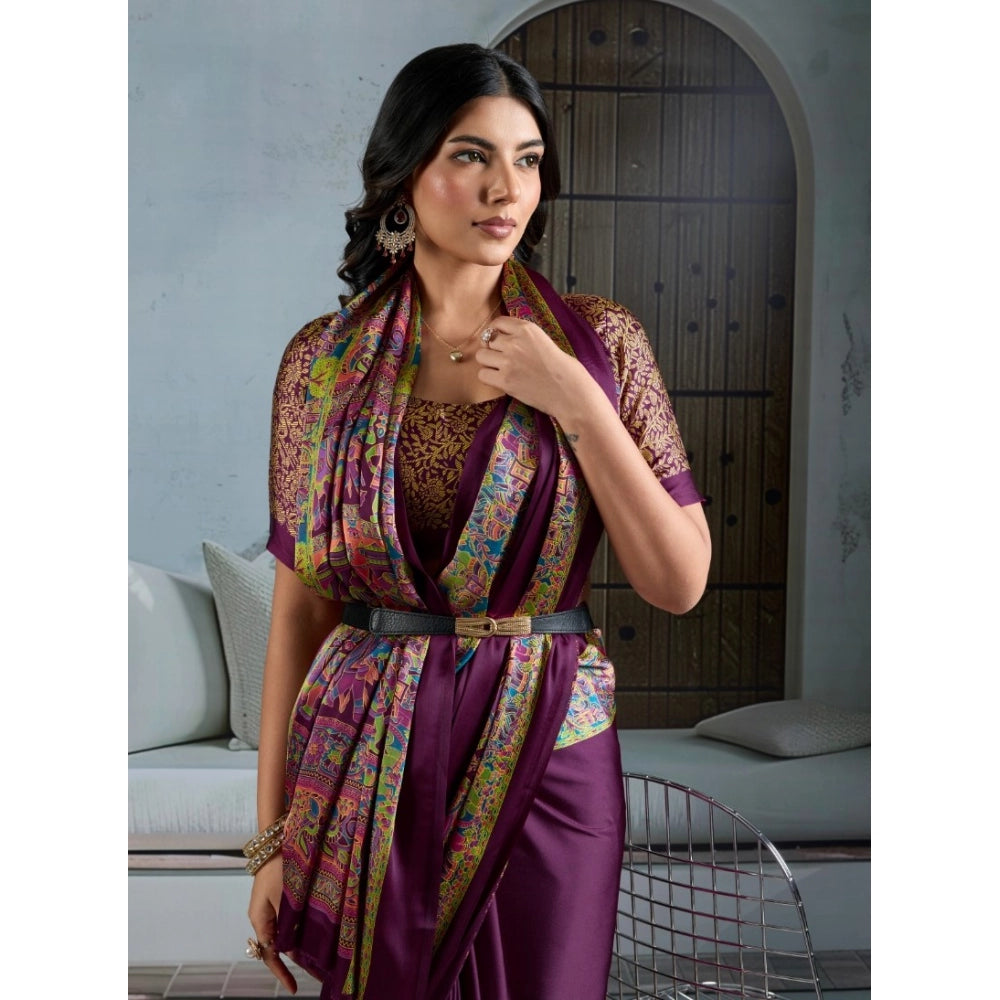Amfyn Women's Satin Crepe Printed Saree With Unstitched Blouse 5.5Mtr (Purple)