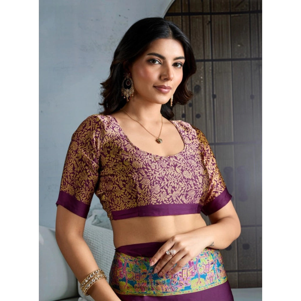 Amfyn Women's Satin Crepe Printed Saree With Unstitched Blouse 5.5Mtr (Purple)