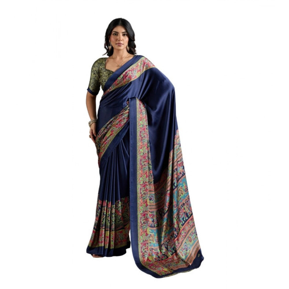 Amfyn Women's Satin Crepe Printed Saree With Unstitched Blouse 5.5Mtr (Navy Blue)