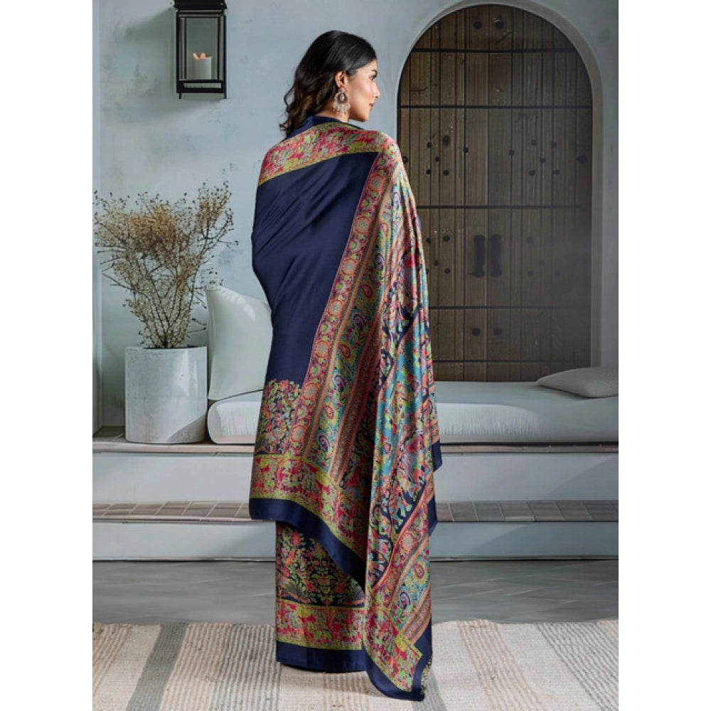 Amfyn Women's Satin Crepe Printed Saree With Unstitched Blouse 5.5Mtr (Navy Blue)