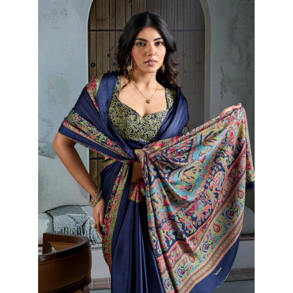 Amfyn Women's Satin Crepe Printed Saree With Unstitched Blouse 5.5Mtr (Navy Blue)