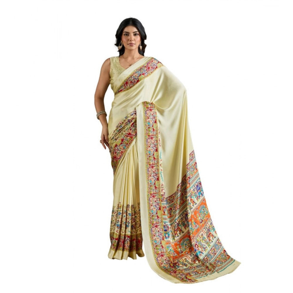 Amfyn Women's Satin Crepe Printed Saree With Unstitched Blouse 5.5Mtr (Cream)