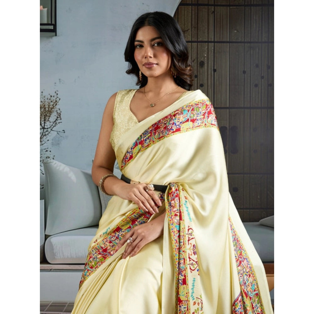 Amfyn Women's Satin Crepe Printed Saree With Unstitched Blouse 5.5Mtr (Cream)