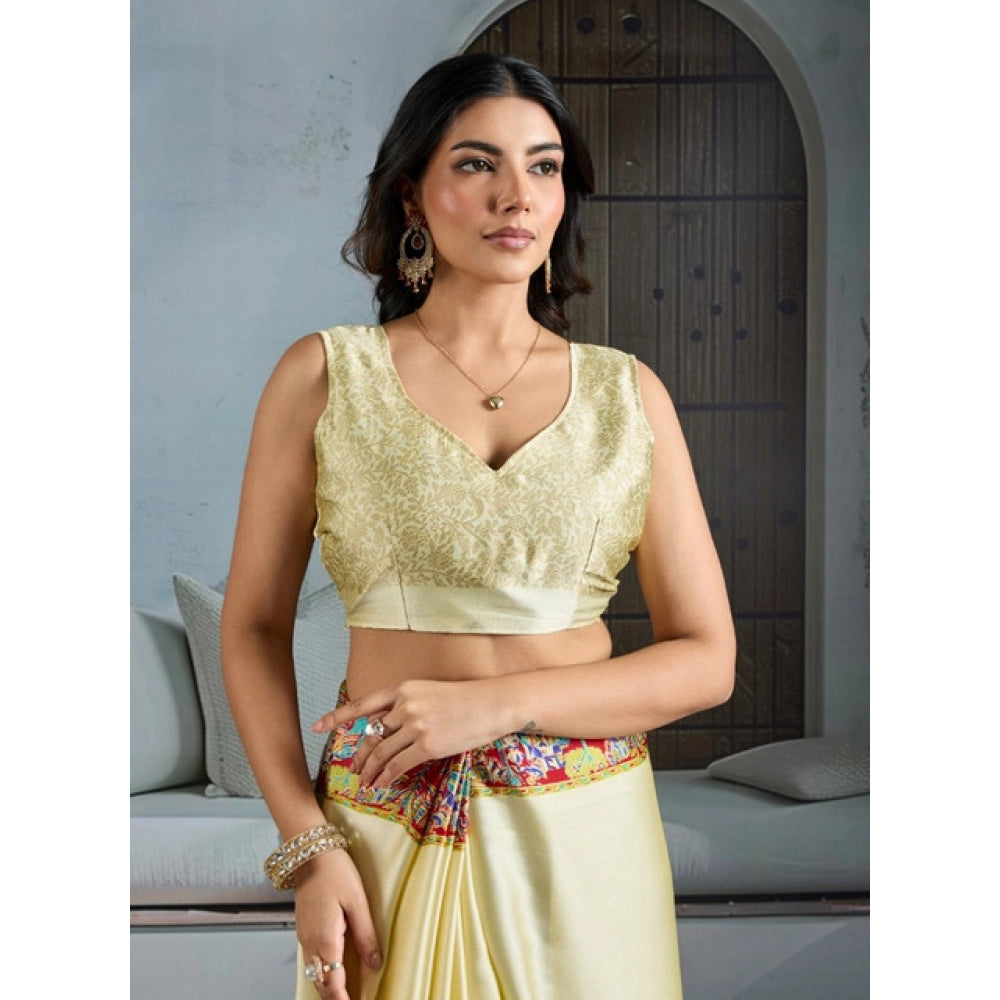 Amfyn Women's Satin Crepe Printed Saree With Unstitched Blouse 5.5Mtr (Cream)