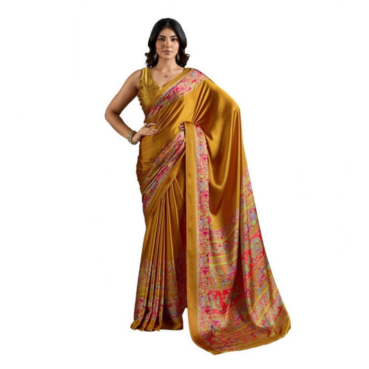 Amfyn Women's Satin Crepe Printed Saree With Unstitched Blouse 5.5Mtr (Mustard)
