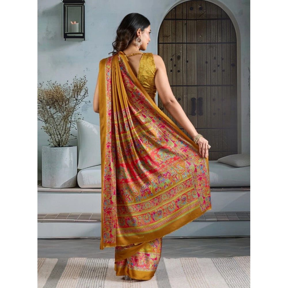 Amfyn Women's Satin Crepe Printed Saree With Unstitched Blouse 5.5Mtr (Mustard)