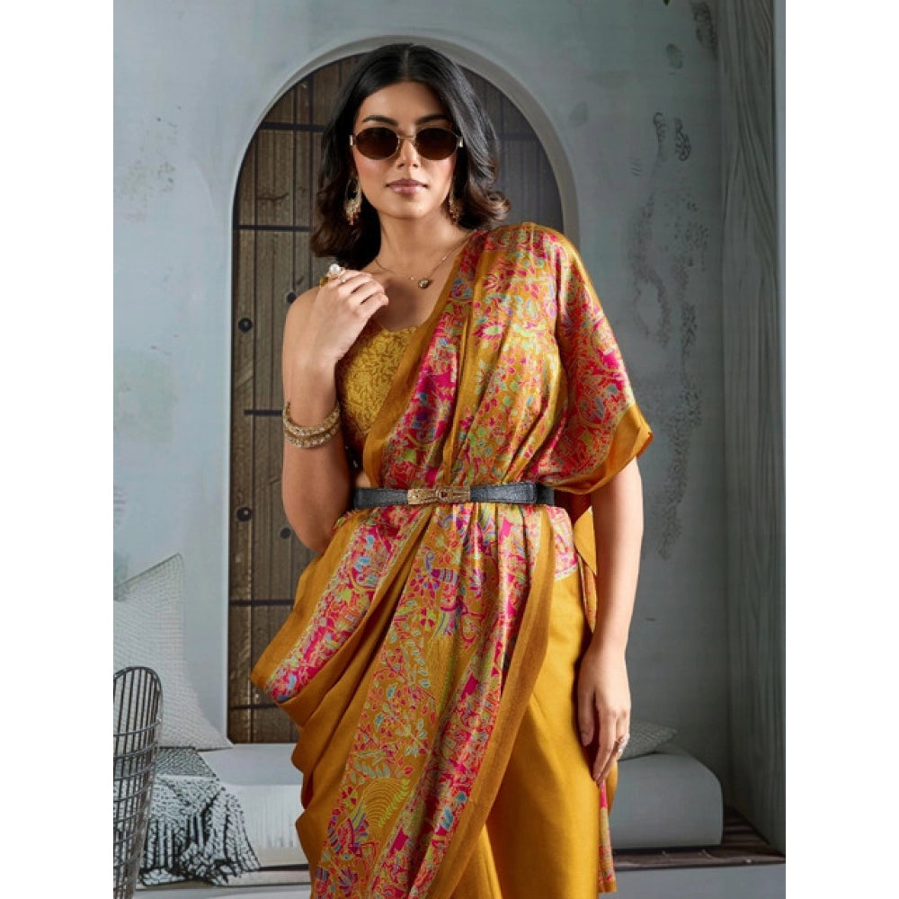 Amfyn Women's Satin Crepe Printed Saree With Unstitched Blouse 5.5Mtr (Mustard)