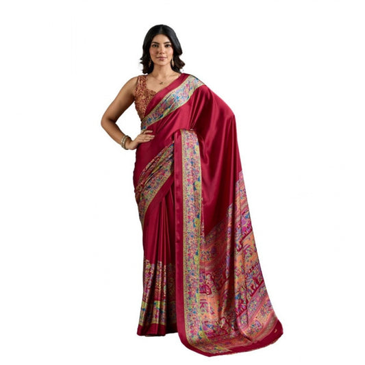 Amfyn Women's Satin Crepe Printed Saree With Unstitched Blouse 5.5Mtr (Maroon)