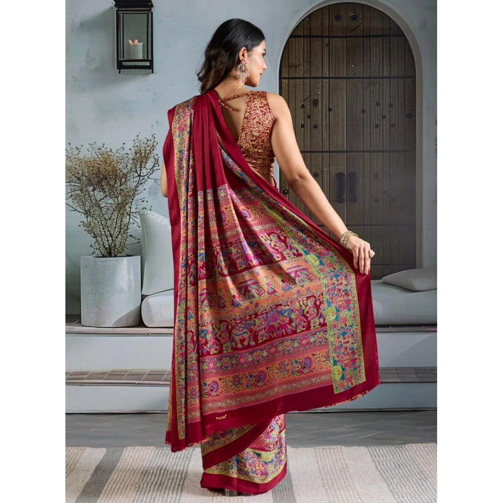 Amfyn Women's Satin Crepe Printed Saree With Unstitched Blouse 5.5Mtr (Maroon)