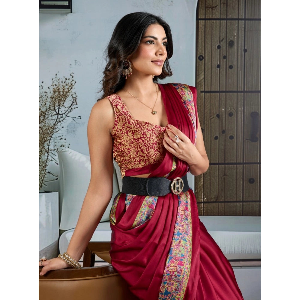 Amfyn Women's Satin Crepe Printed Saree With Unstitched Blouse 5.5Mtr (Maroon)