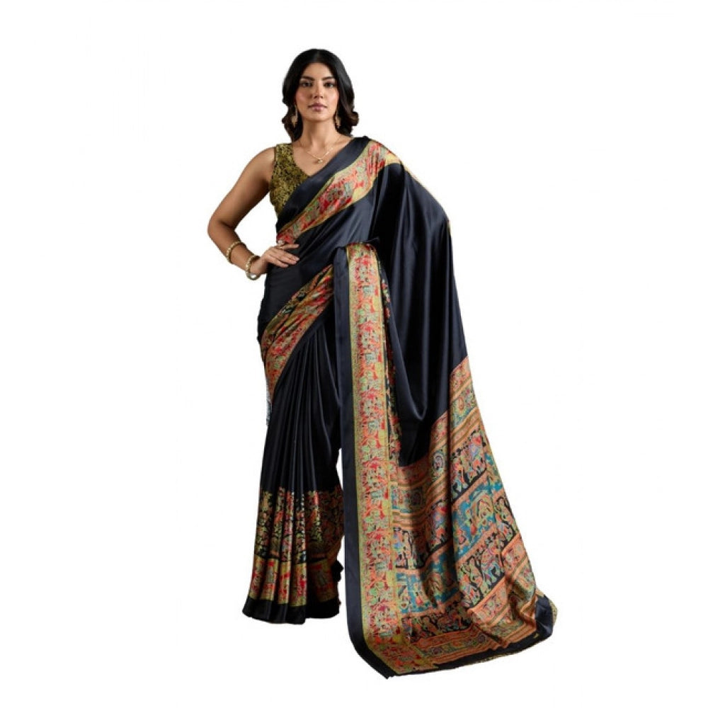 Amfyn Women's Satin Crepe Printed Saree With Unstitched Blouse 5.5Mtr (Blue)