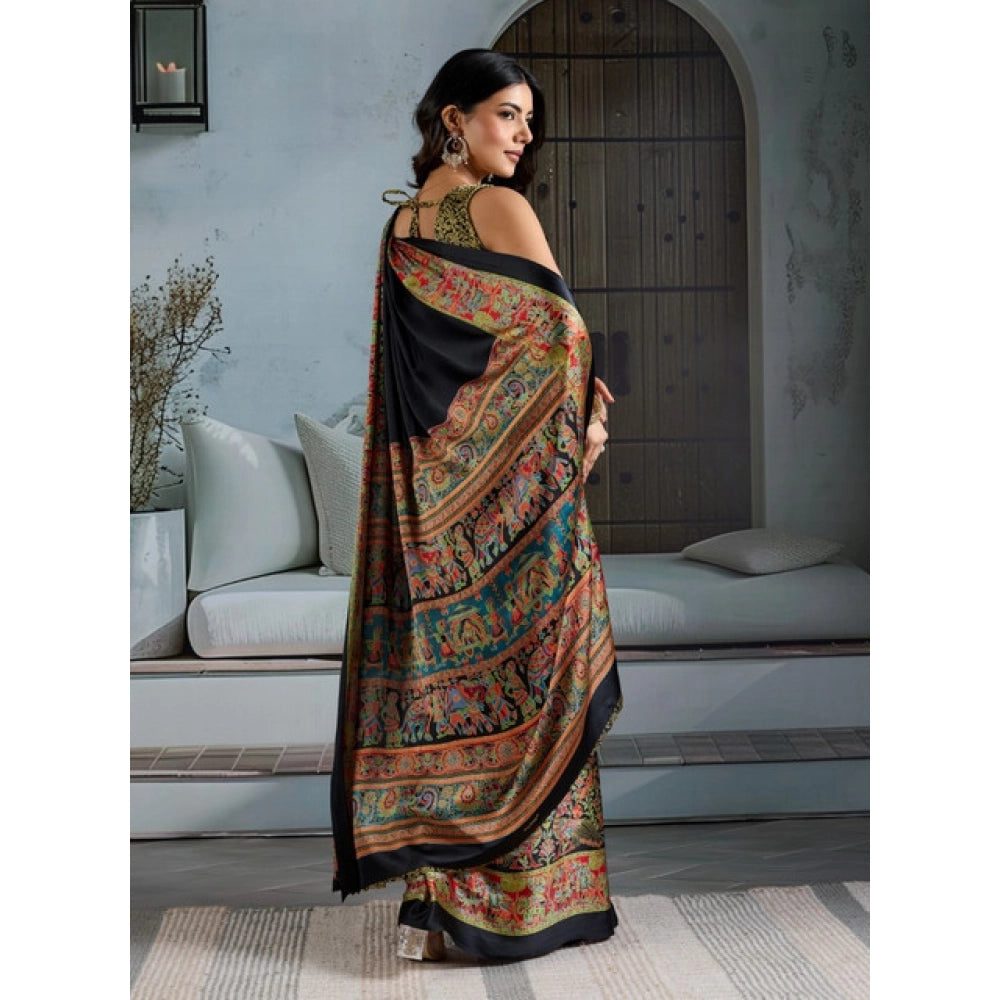 Amfyn Women's Satin Crepe Printed Saree With Unstitched Blouse 5.5Mtr (Blue)