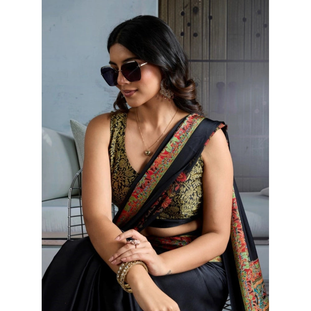 Amfyn Women's Satin Crepe Printed Saree With Unstitched Blouse 5.5Mtr (Blue)