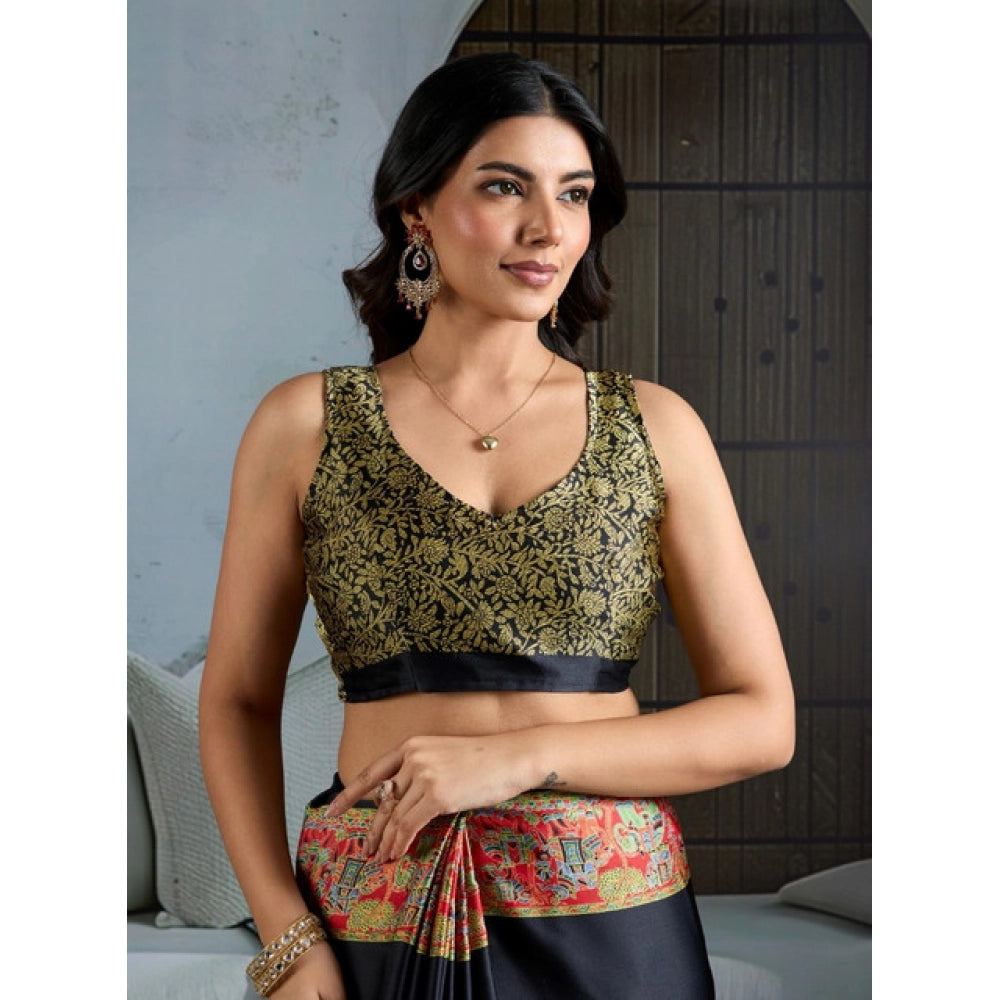 Amfyn Women's Satin Crepe Printed Saree With Unstitched Blouse 5.5Mtr (Blue)