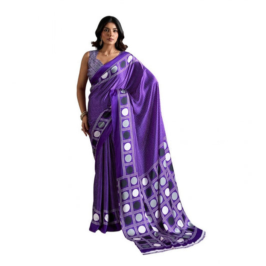 Amfyn Women's Satin Crepe Printed Saree With Unstitched Blouse 5.5Mtr (Purple)