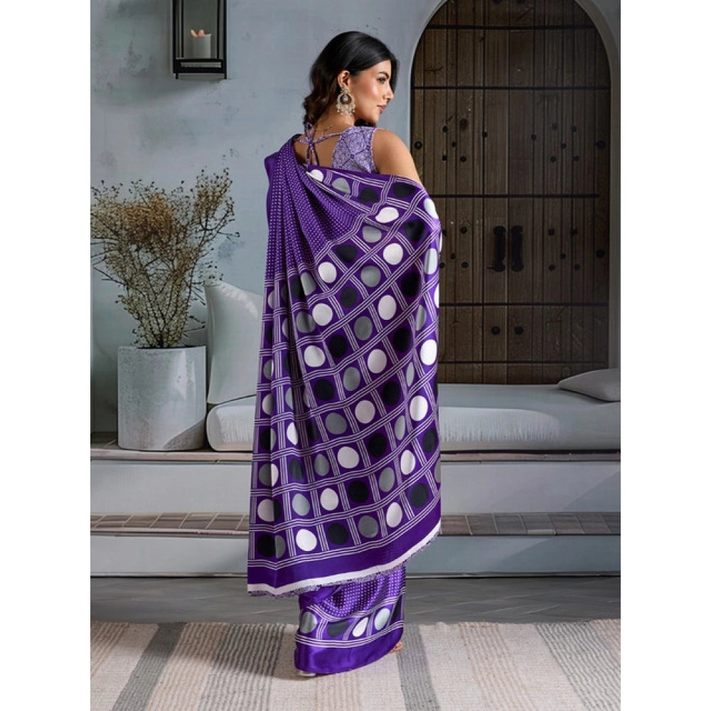 Amfyn Women's Satin Crepe Printed Saree With Unstitched Blouse 5.5Mtr (Purple)