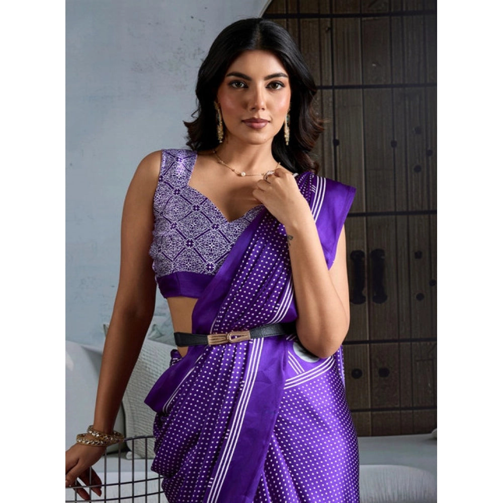 Amfyn Women's Satin Crepe Printed Saree With Unstitched Blouse 5.5Mtr (Purple)