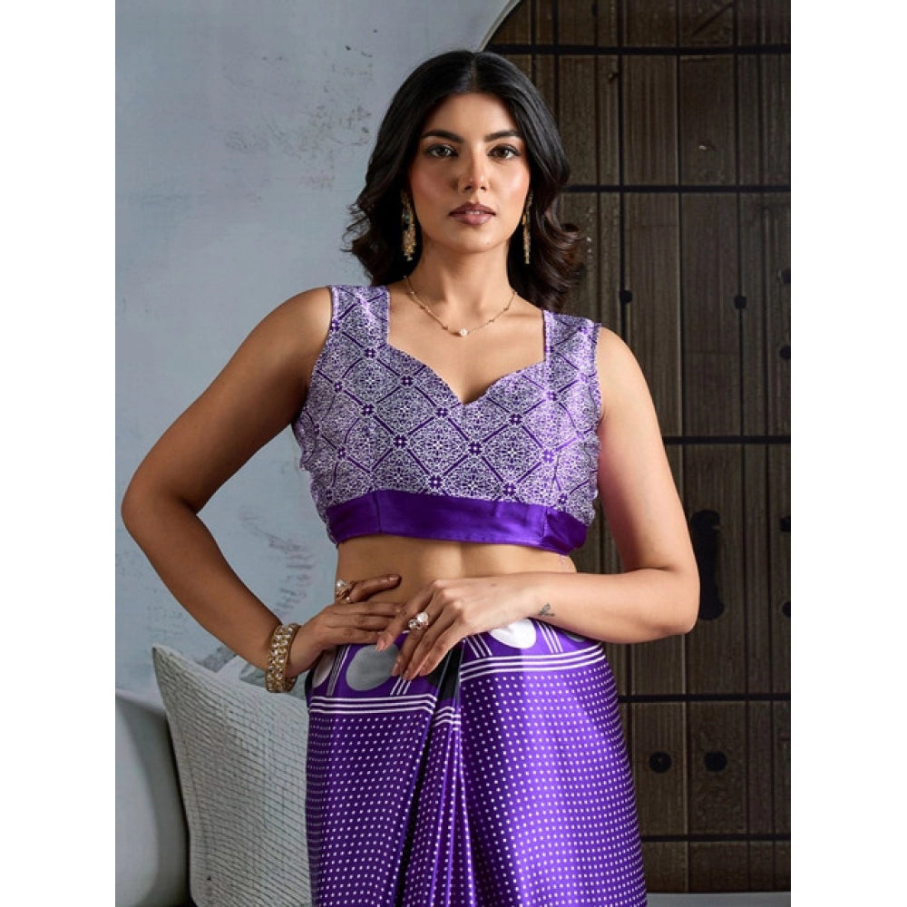 Amfyn Women's Satin Crepe Printed Saree With Unstitched Blouse 5.5Mtr (Purple)
