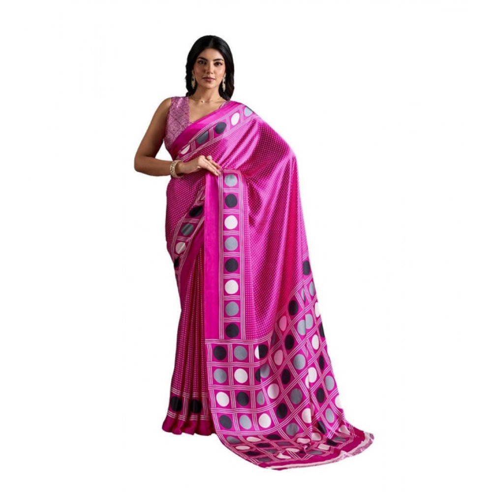 Amfyn Women's Satin Crepe Printed Saree With Unstitched Blouse 5.5Mtr (Pink)
