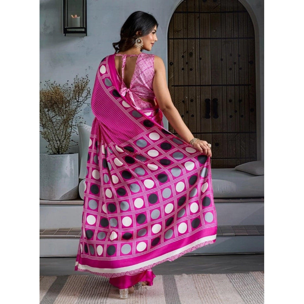 Amfyn Women's Satin Crepe Printed Saree With Unstitched Blouse 5.5Mtr (Pink)