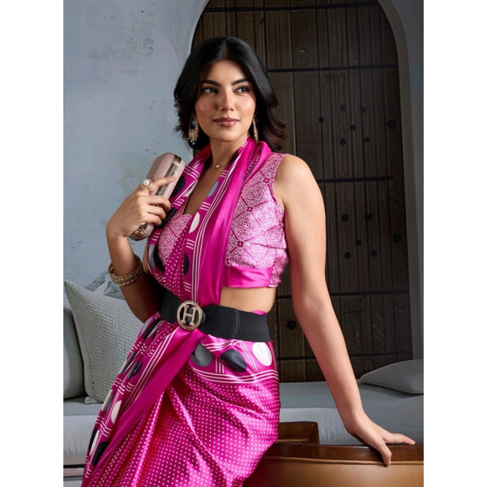 Amfyn Women's Satin Crepe Printed Saree With Unstitched Blouse 5.5Mtr (Pink)