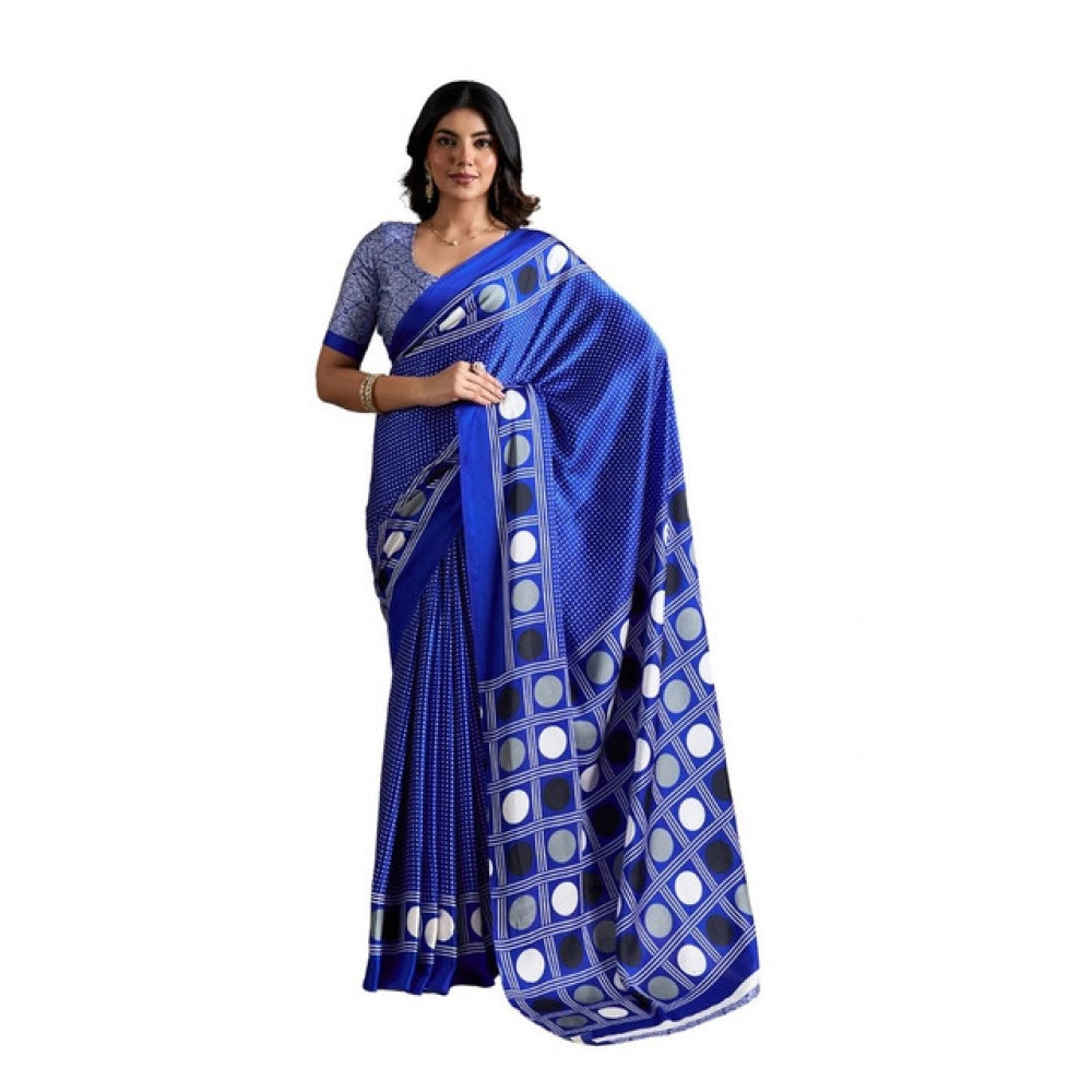 Amfyn Women's Satin Crepe Printed Saree With Unstitched Blouse 5.5Mtr (Blue)