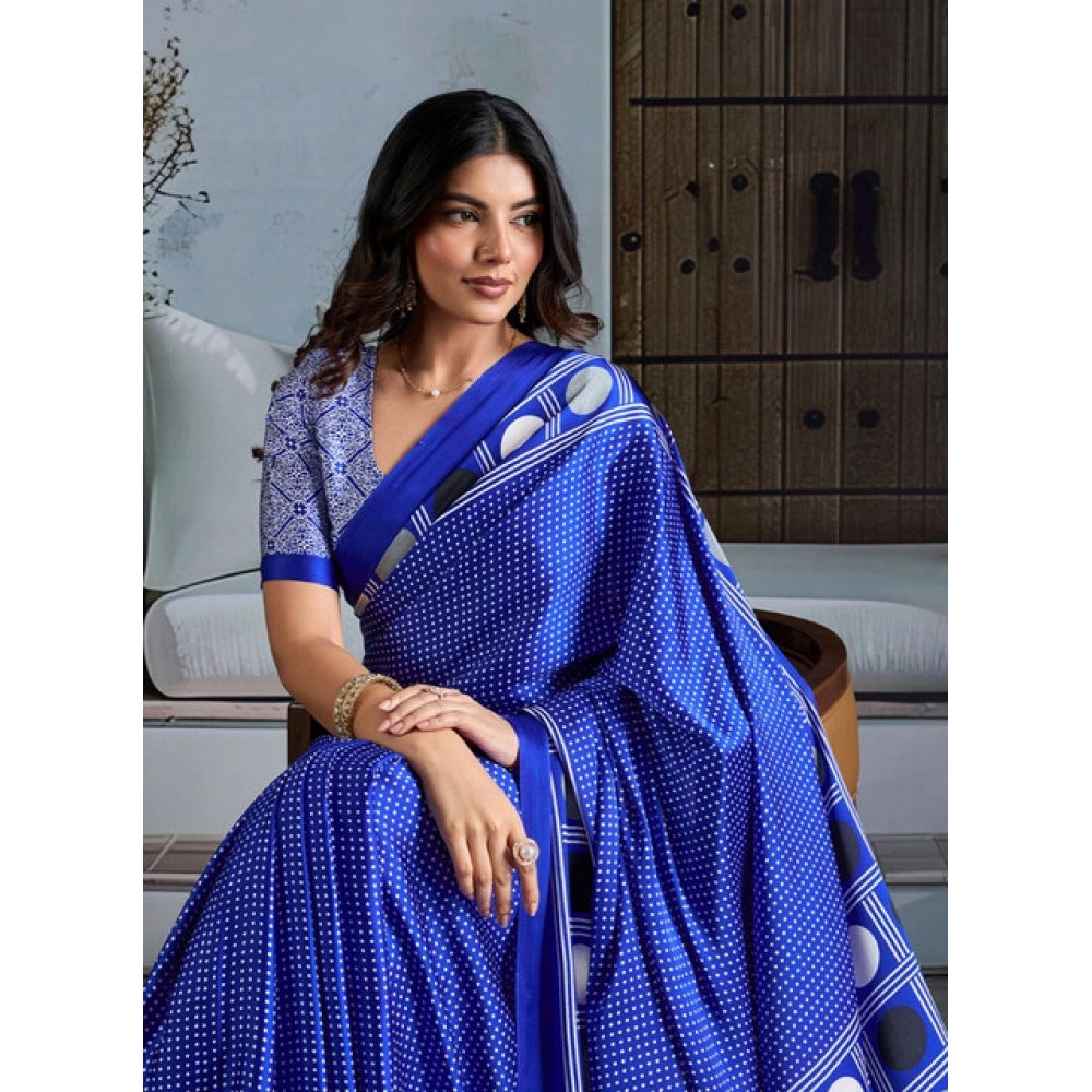 Amfyn Women's Satin Crepe Printed Saree With Unstitched Blouse 5.5Mtr (Blue)