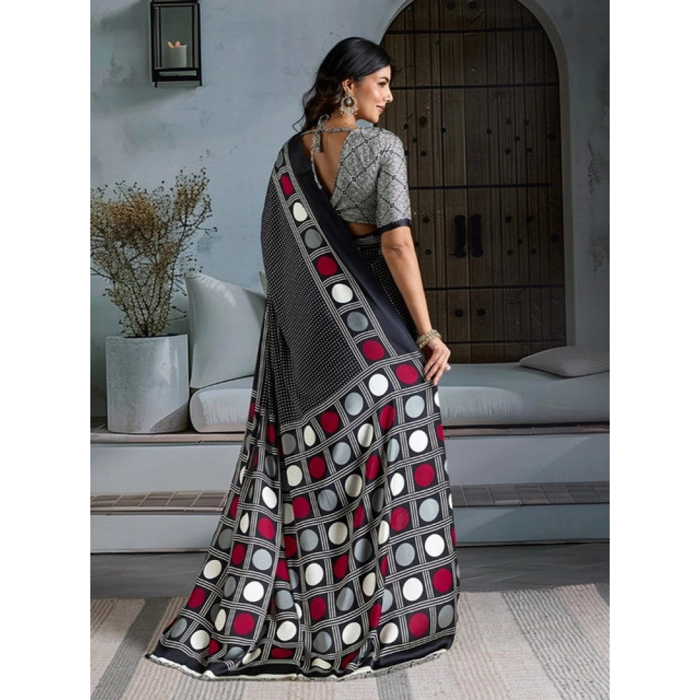 Amfyn Women's Satin Crepe Printed Saree With Unstitched Blouse 5.5Mtr (Black)