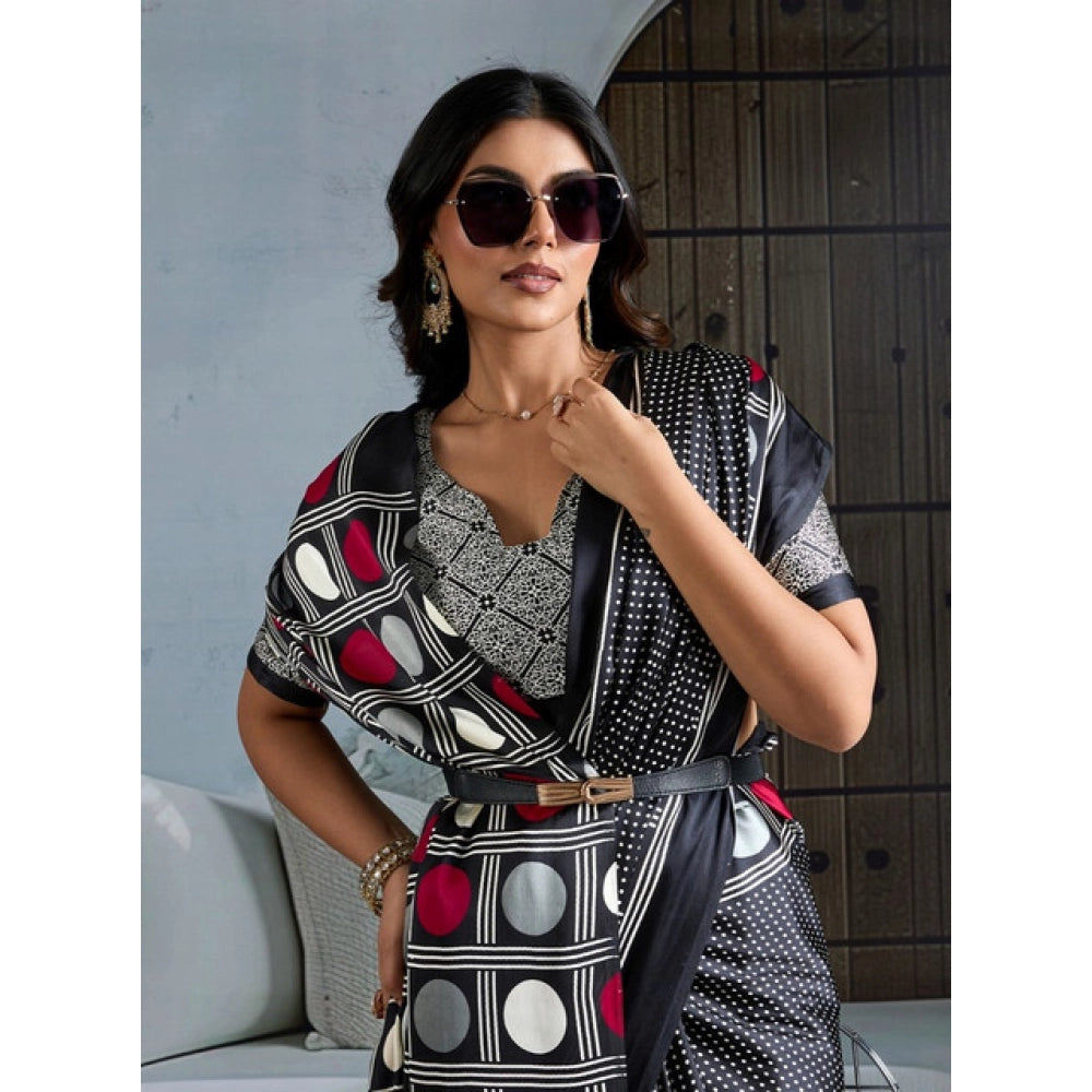 Amfyn Women's Satin Crepe Printed Saree With Unstitched Blouse 5.5Mtr (Black)