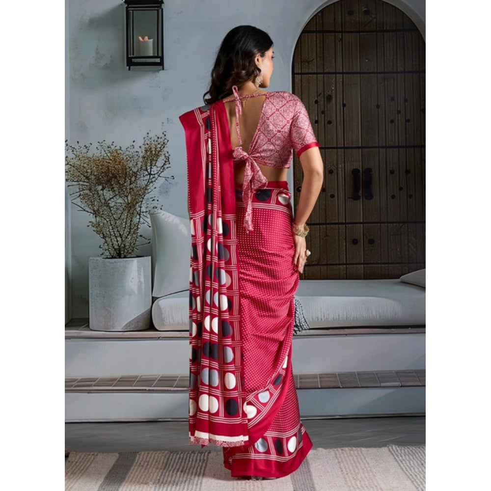 Amfyn Women's Satin Crepe Printed Saree With Unstitched Blouse 5.5Mtr (Red)