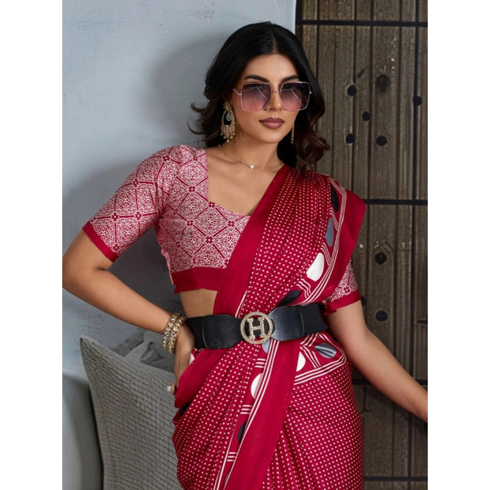 Amfyn Women's Satin Crepe Printed Saree With Unstitched Blouse 5.5Mtr (Red)
