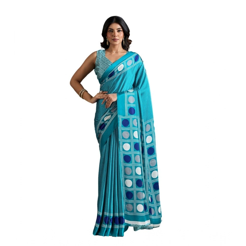 Amfyn Women's Satin Crepe Printed Saree With Unstitched Blouse 5.5Mtr (Sky Blue)