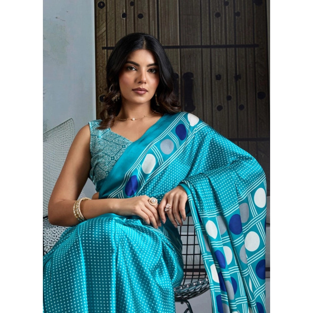 Amfyn Women's Satin Crepe Printed Saree With Unstitched Blouse 5.5Mtr (Sky Blue)