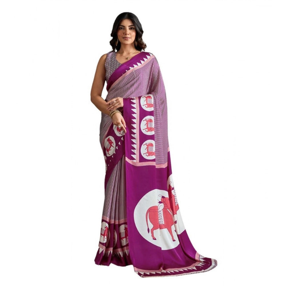 Amfyn Women's Satin Crepe Printed Saree With Unstitched Blouse 5.5Mtr (Purple)