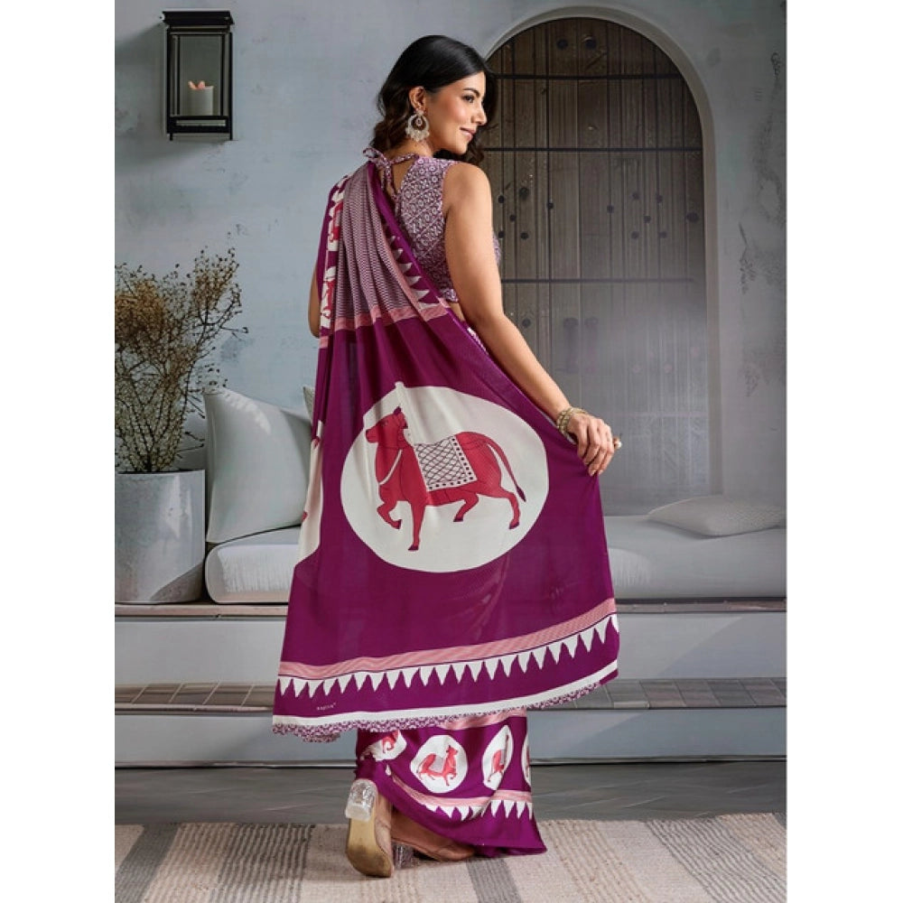 Amfyn Women's Satin Crepe Printed Saree With Unstitched Blouse 5.5Mtr (Purple)