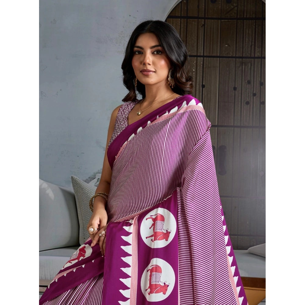 Amfyn Women's Satin Crepe Printed Saree With Unstitched Blouse 5.5Mtr (Purple)