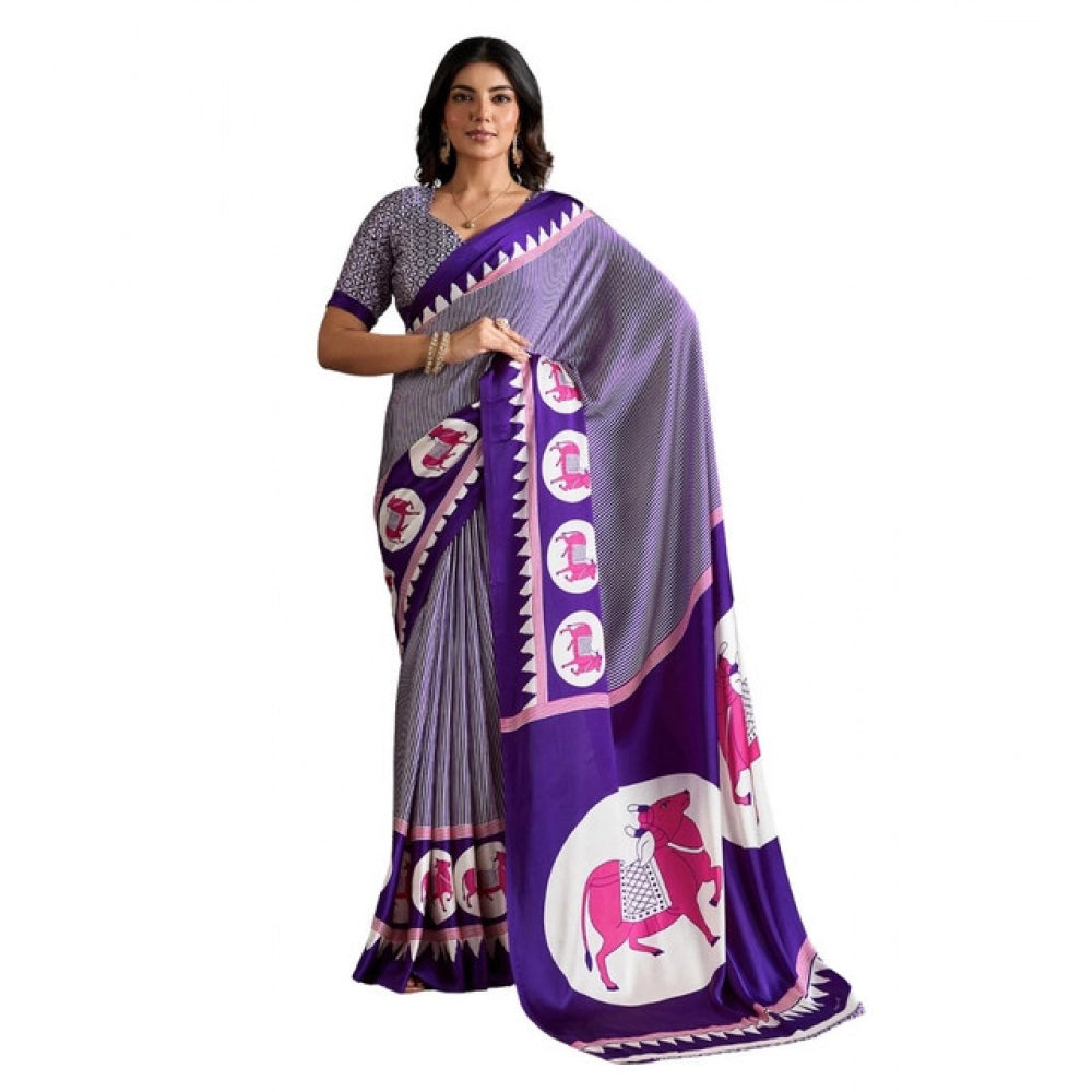 Amfyn Women's Satin Crepe Printed Saree With Unstitched Blouse 5.5Mtr (Blue)