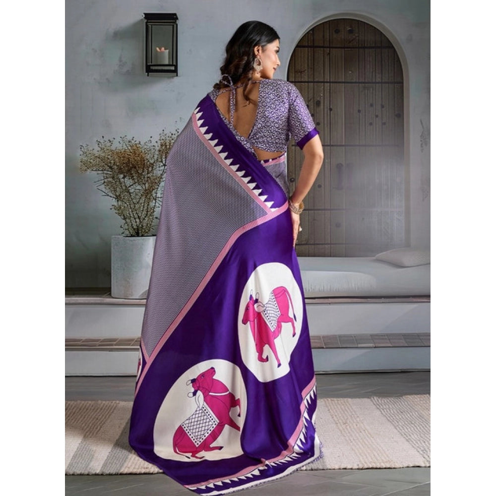 Amfyn Women's Satin Crepe Printed Saree With Unstitched Blouse 5.5Mtr (Blue)