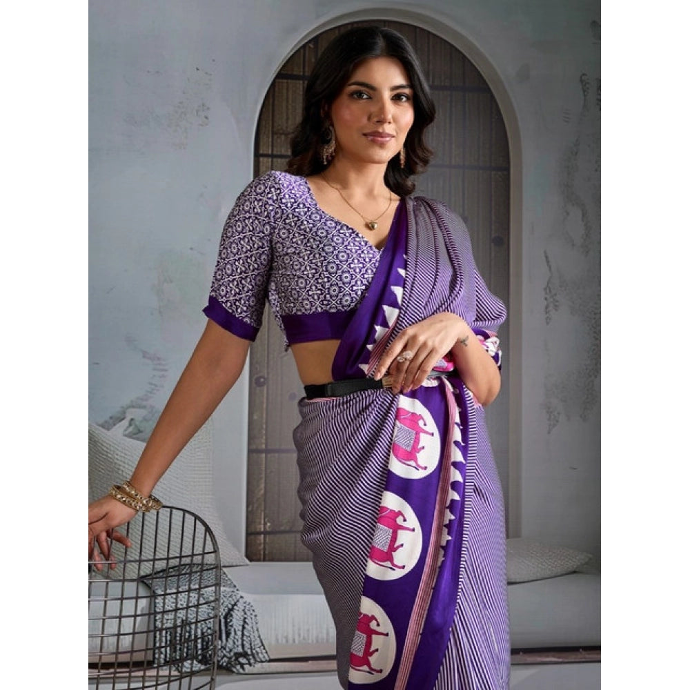 Amfyn Women's Satin Crepe Printed Saree With Unstitched Blouse 5.5Mtr (Blue)