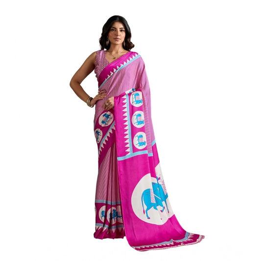 Amfyn Women's Satin Crepe Printed Saree With Unstitched Blouse 5.5Mtr (Pink)