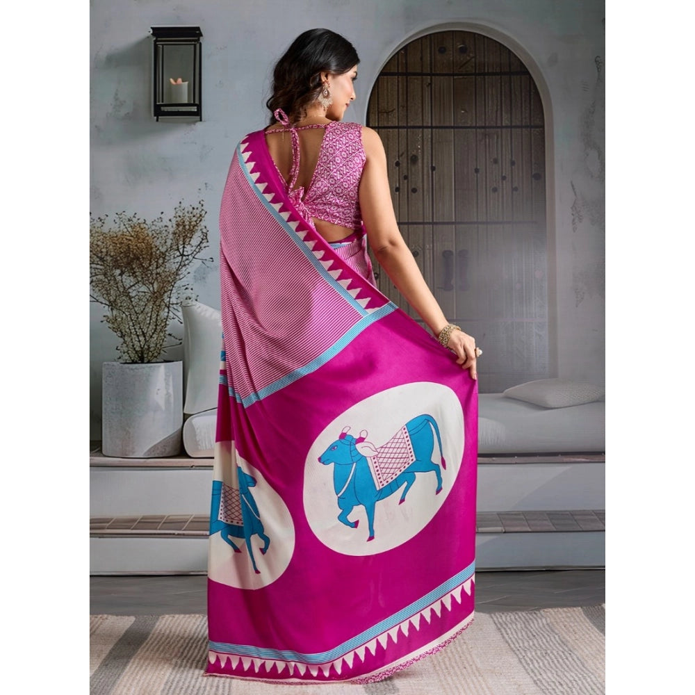 Amfyn Women's Satin Crepe Printed Saree With Unstitched Blouse 5.5Mtr (Pink)