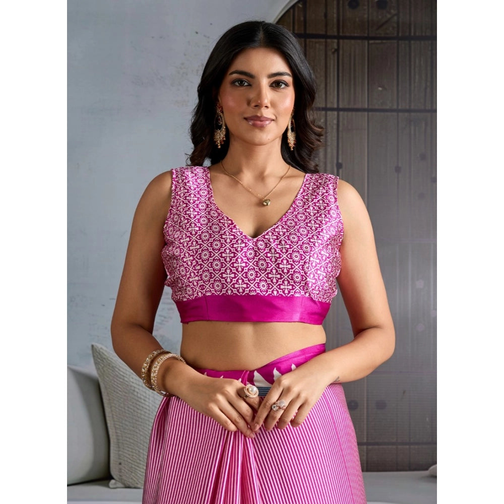 Amfyn Women's Satin Crepe Printed Saree With Unstitched Blouse 5.5Mtr (Pink)