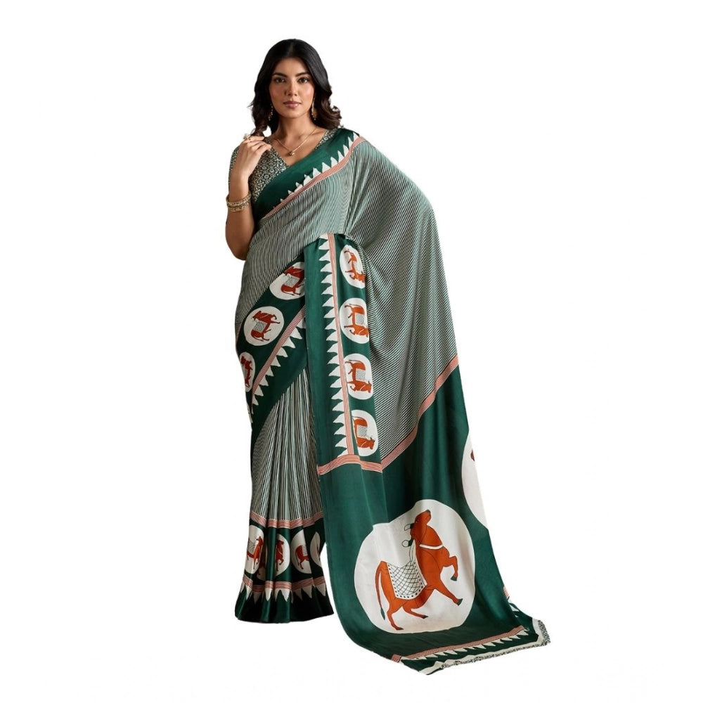 Amfyn Women's Satin Crepe Printed Saree With Unstitched Blouse 5.5Mtr (Green)