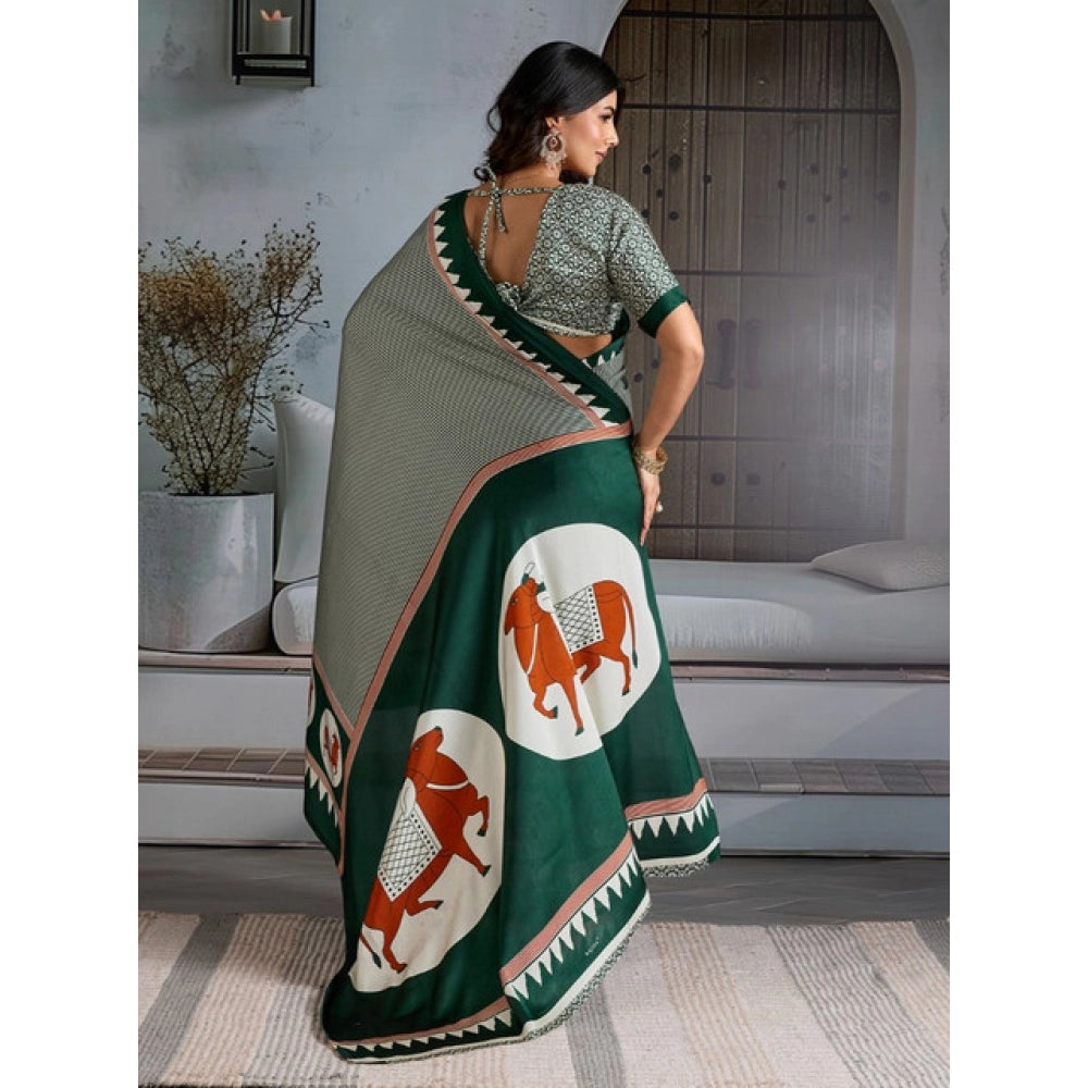 Amfyn Women's Satin Crepe Printed Saree With Unstitched Blouse 5.5Mtr (Green)