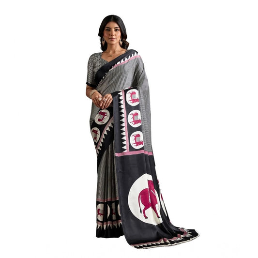 Amfyn Women's Satin Crepe Printed Saree With Unstitched Blouse 5.5Mtr (Black)