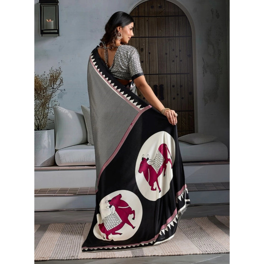 Amfyn Women's Satin Crepe Printed Saree With Unstitched Blouse 5.5Mtr (Black)