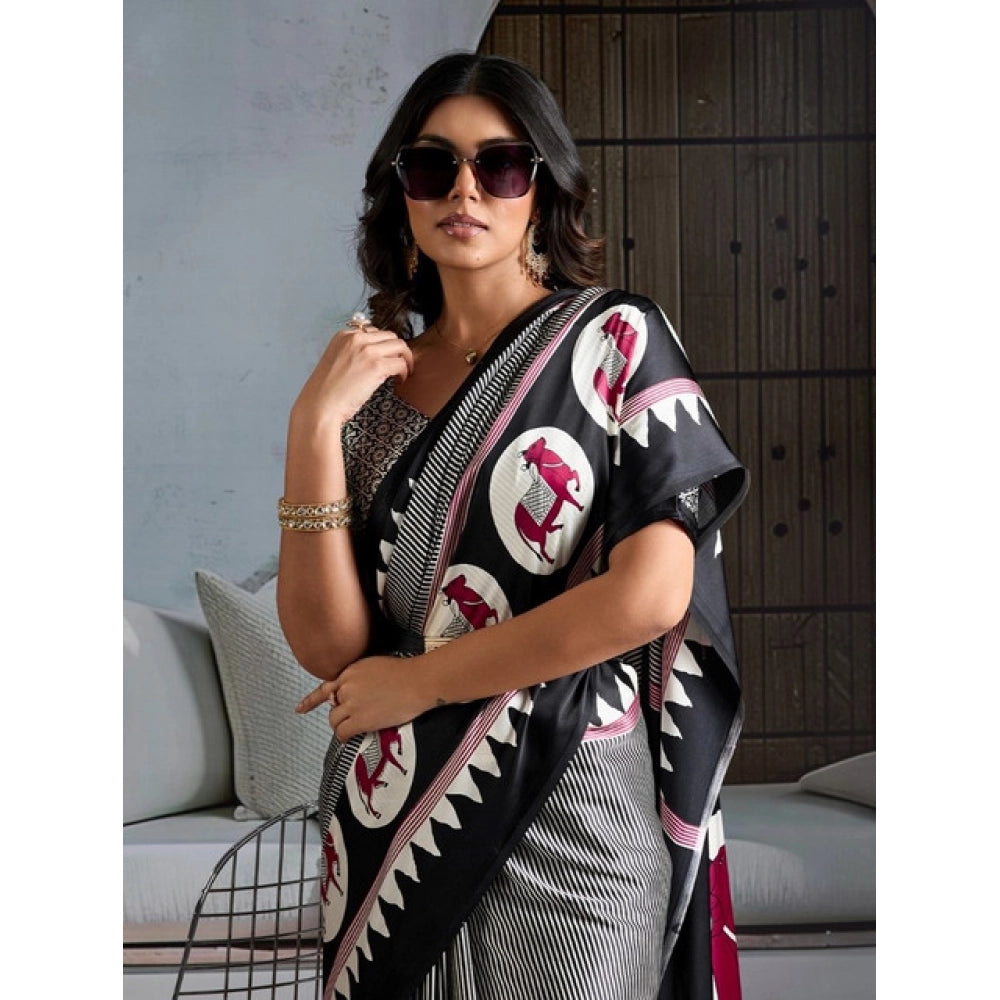 Amfyn Women's Satin Crepe Printed Saree With Unstitched Blouse 5.5Mtr (Black)