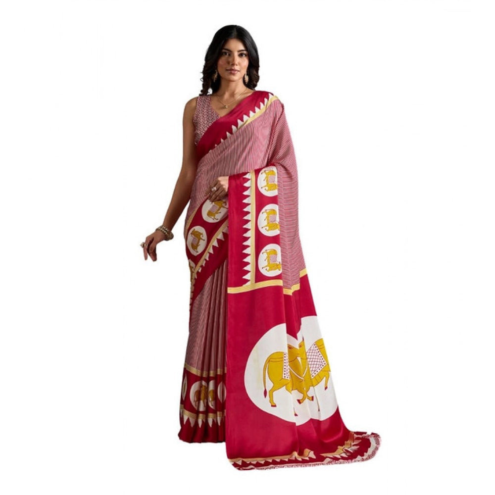 Amfyn Women's Satin Crepe Printed Saree With Unstitched Blouse 5.5Mtr (Red)