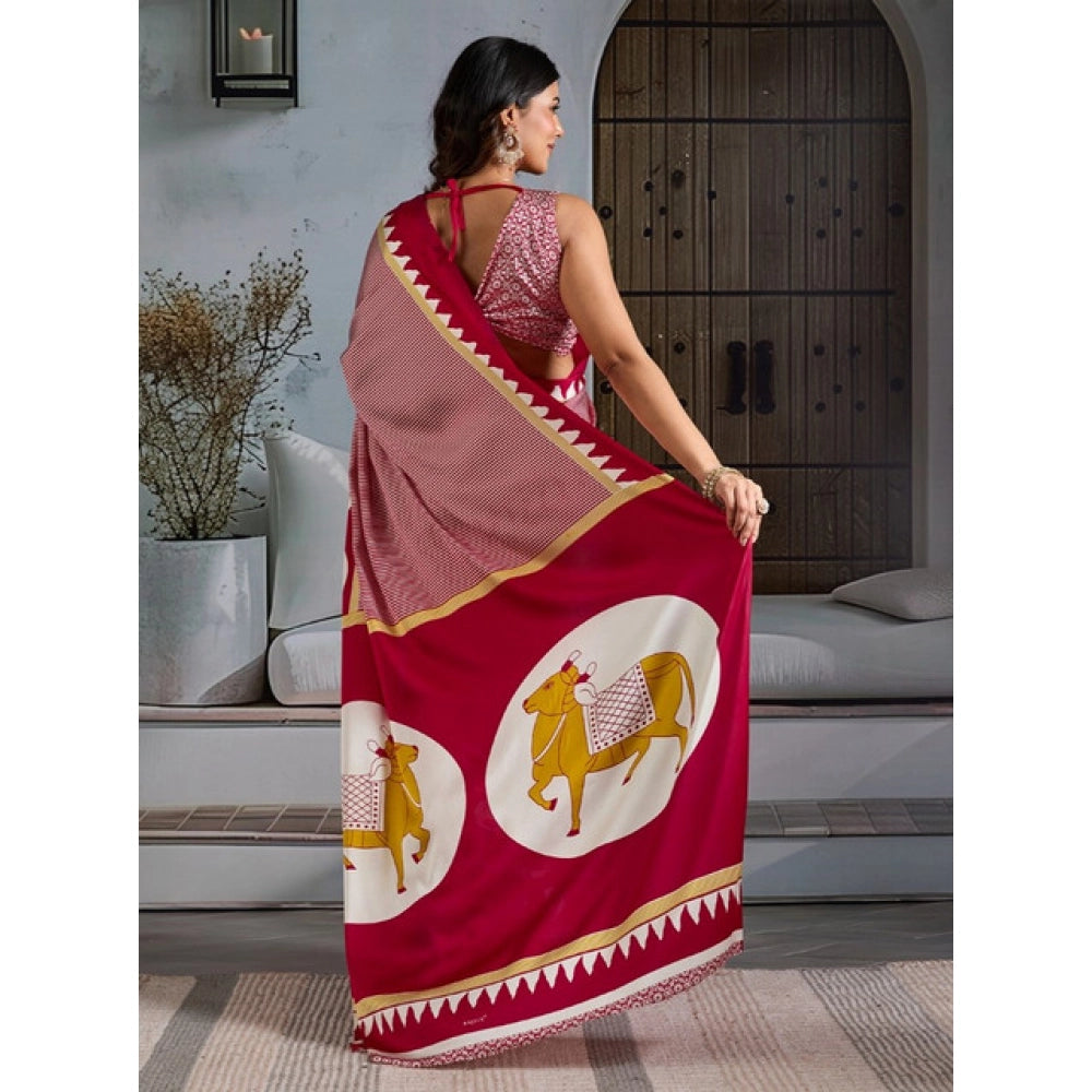 Amfyn Women's Satin Crepe Printed Saree With Unstitched Blouse 5.5Mtr (Red)